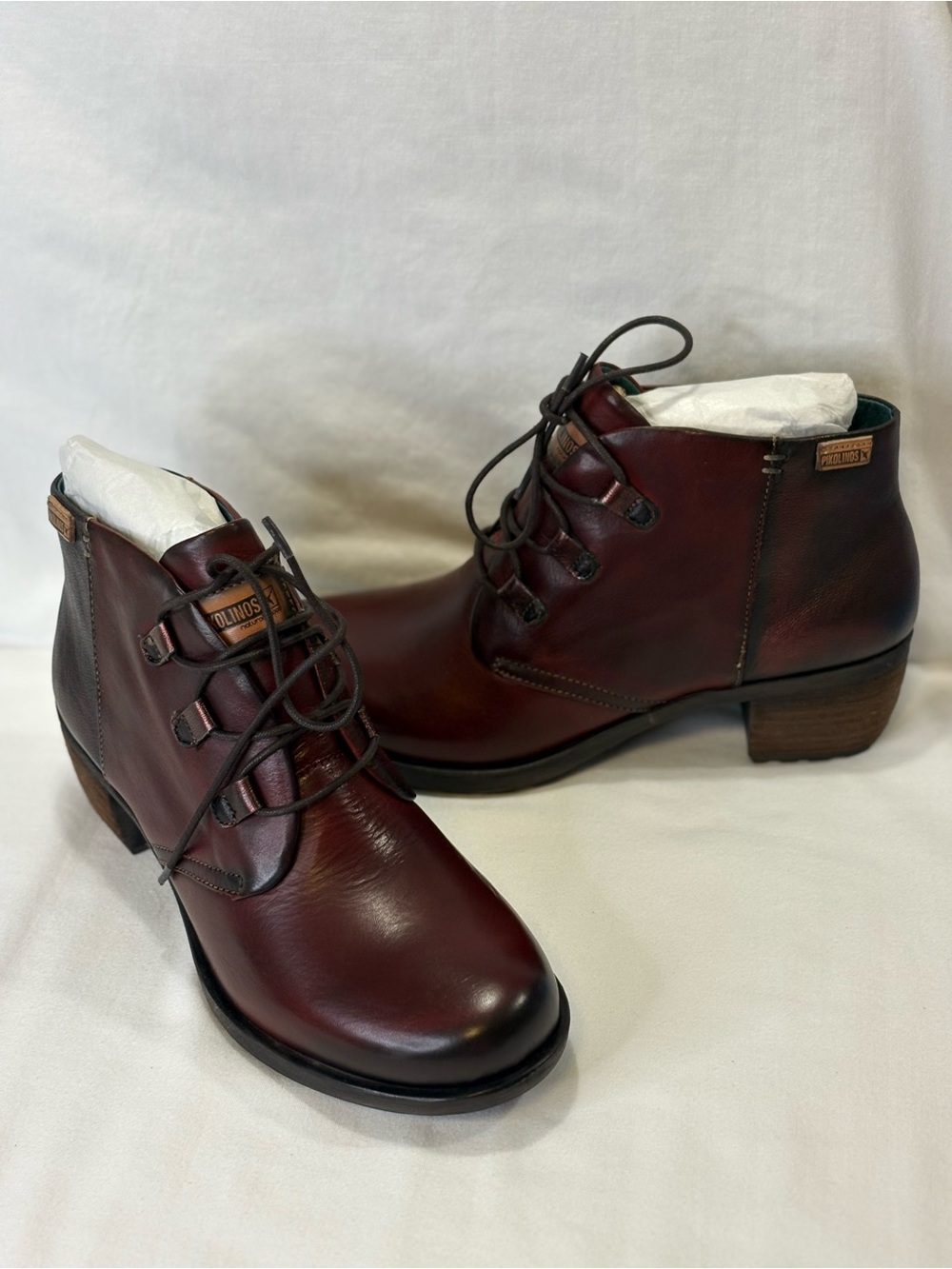 NEW PIKOLINOS Burgundy Leather Lace-Up Ankle Boots Block Heel 39 / 8.5-9 $240